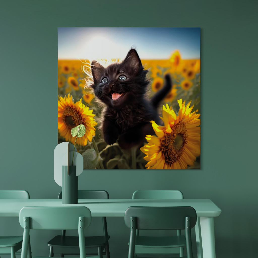Obraz AI Kot - Czarny Zwierzak Pląsający Na Polu Słoneczników W Słonecznej Poświacie - Kwadratowy