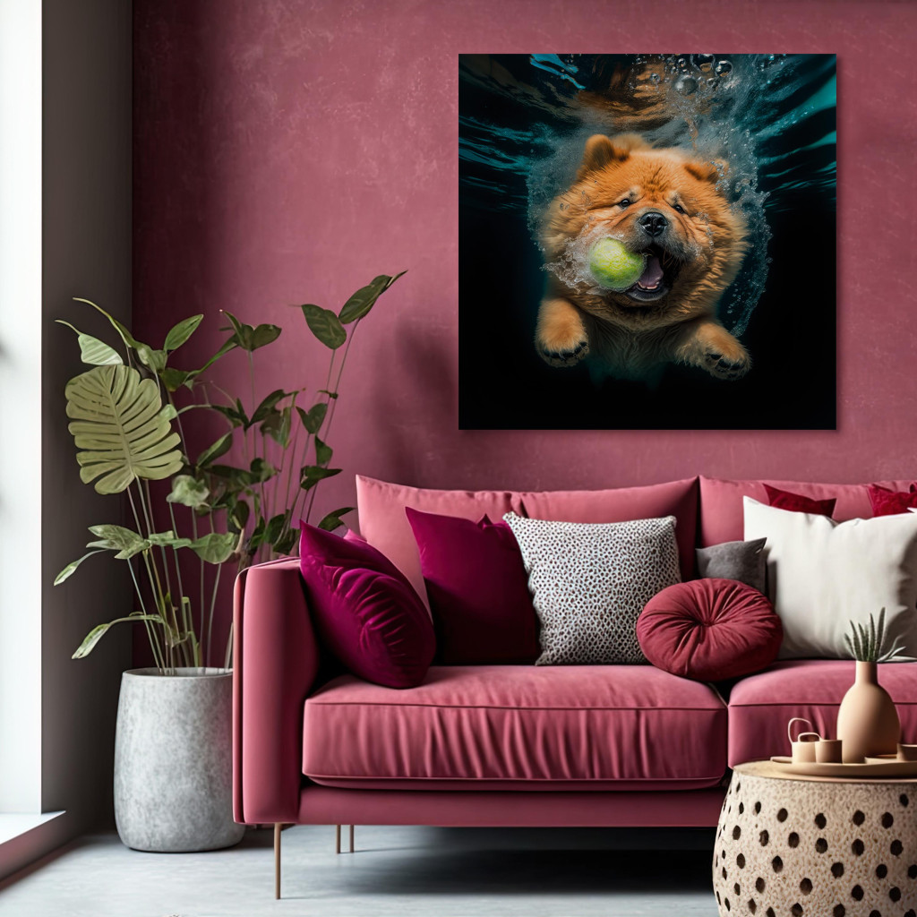 Schilderij  Honden: AI Dog Chow Chow - Floating Animal With A Ball In Its Mouth - Square