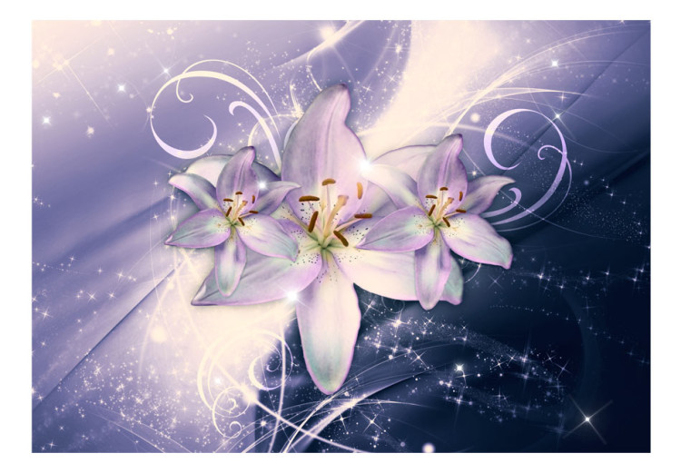 Fototapeta Zimowa galaktyka - kwiaty lilii na niebieskim tle z efektem blasku 92906 additionalImage 1