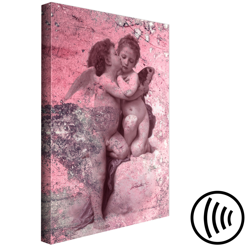 Schilderij  Mensen: Engelachtige Kus - Verliefde Engelen Op Abstracte, Roze Achtergrond