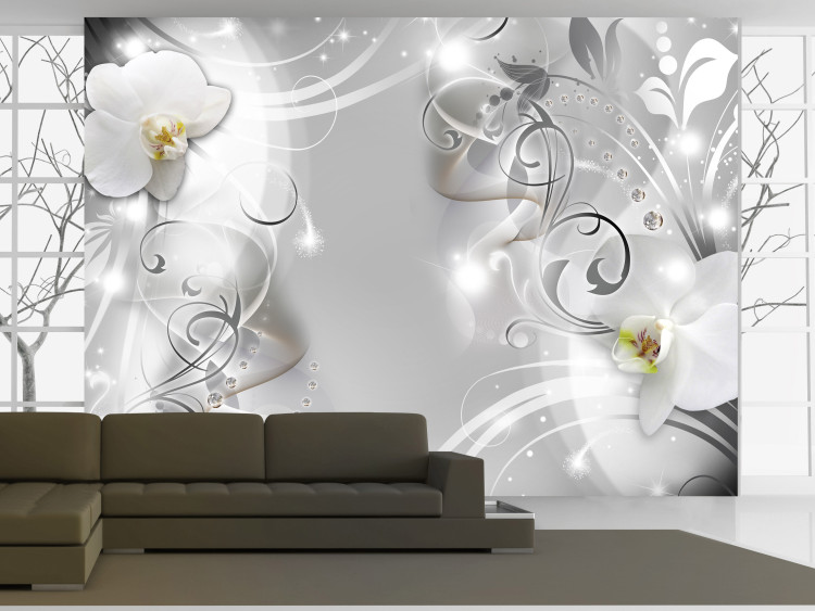 Fototapete Blumenmotiv - Abstraktion mit weißen Orchideen auf grauem Hintergrund 127116