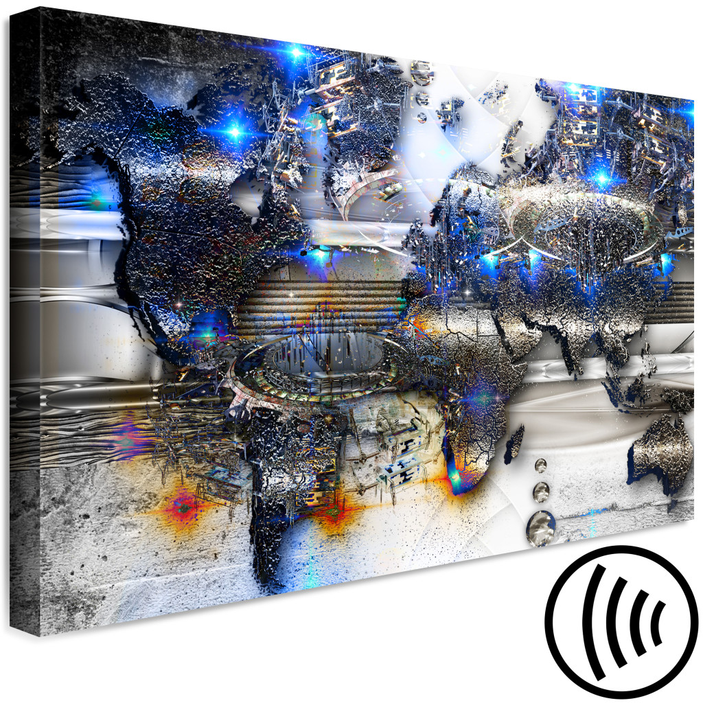 Schilderij  Abstract: Futuristische Wereldkaart - Abstractie Met Blauwe Glitters