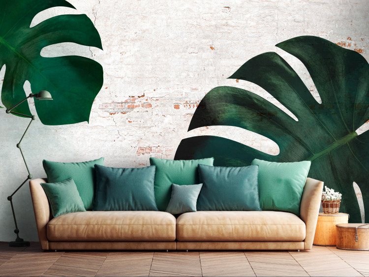Photo Wallpaper Exotic leaves - composition with monstera on a brick wall background 138816
