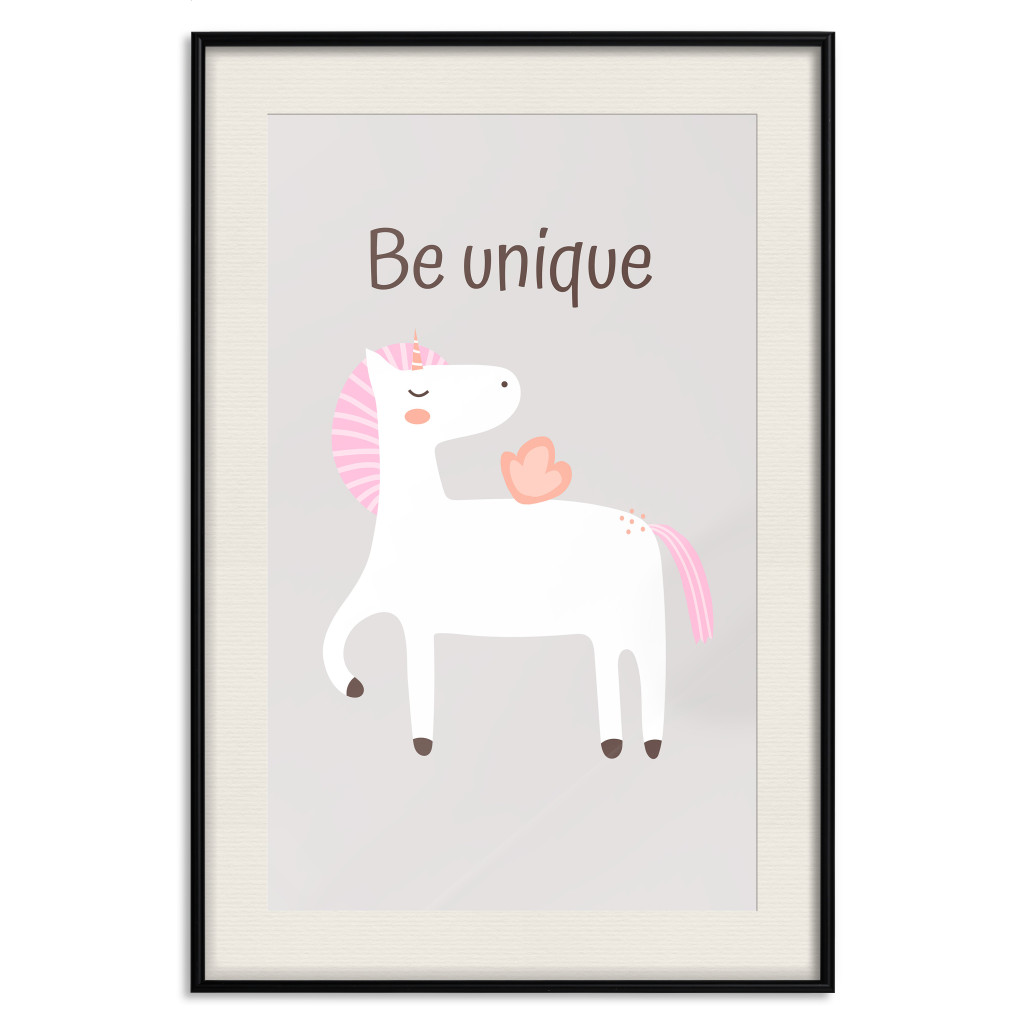 Muur Posters Be Unique - Cheerful Unicorn And A Motivating Slogan For Kids
