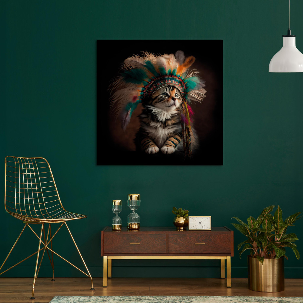 Schilderij  Katten: AI Kitty - Portrait Of A Proud Animal In An Indian Headdress - Square