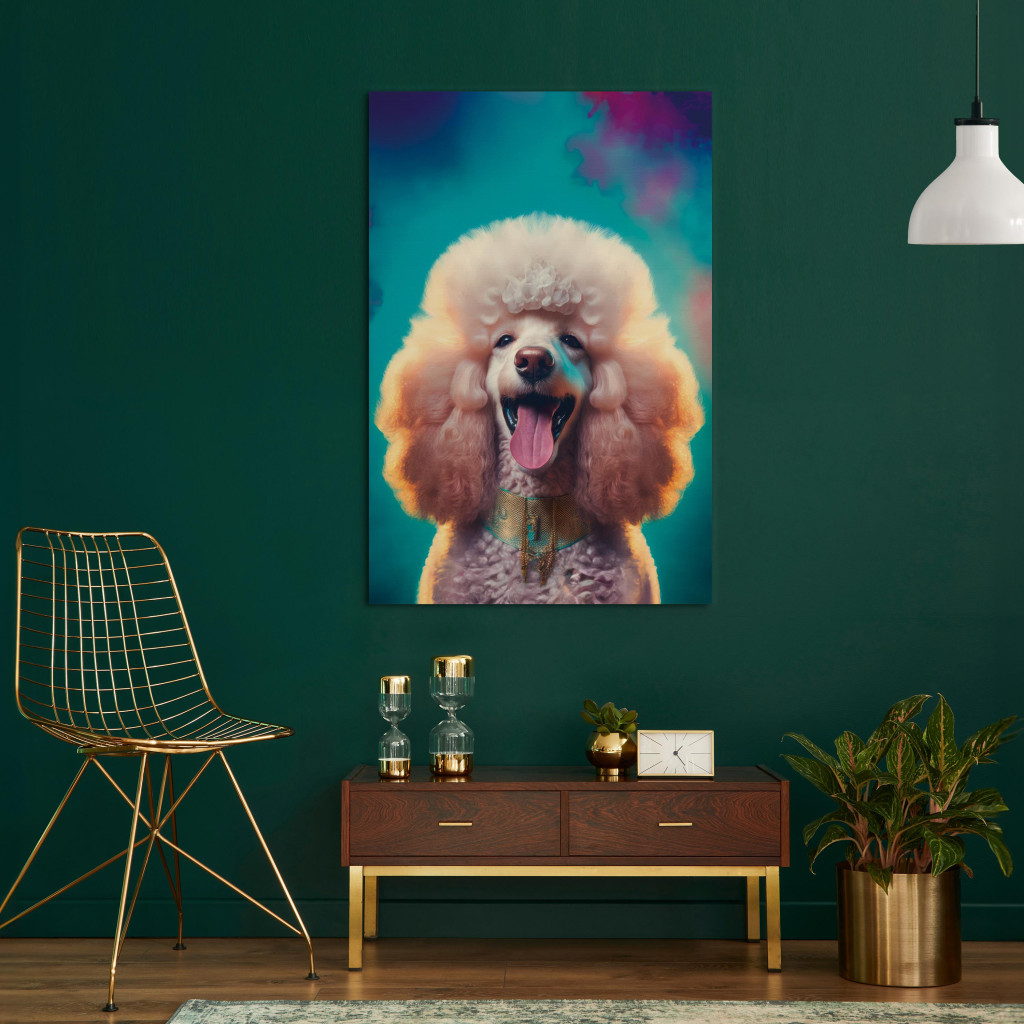 Schilderij  Honden: AI Fredy The Poodle Dog - Joyful Animal In A Candy Frame - Vertical