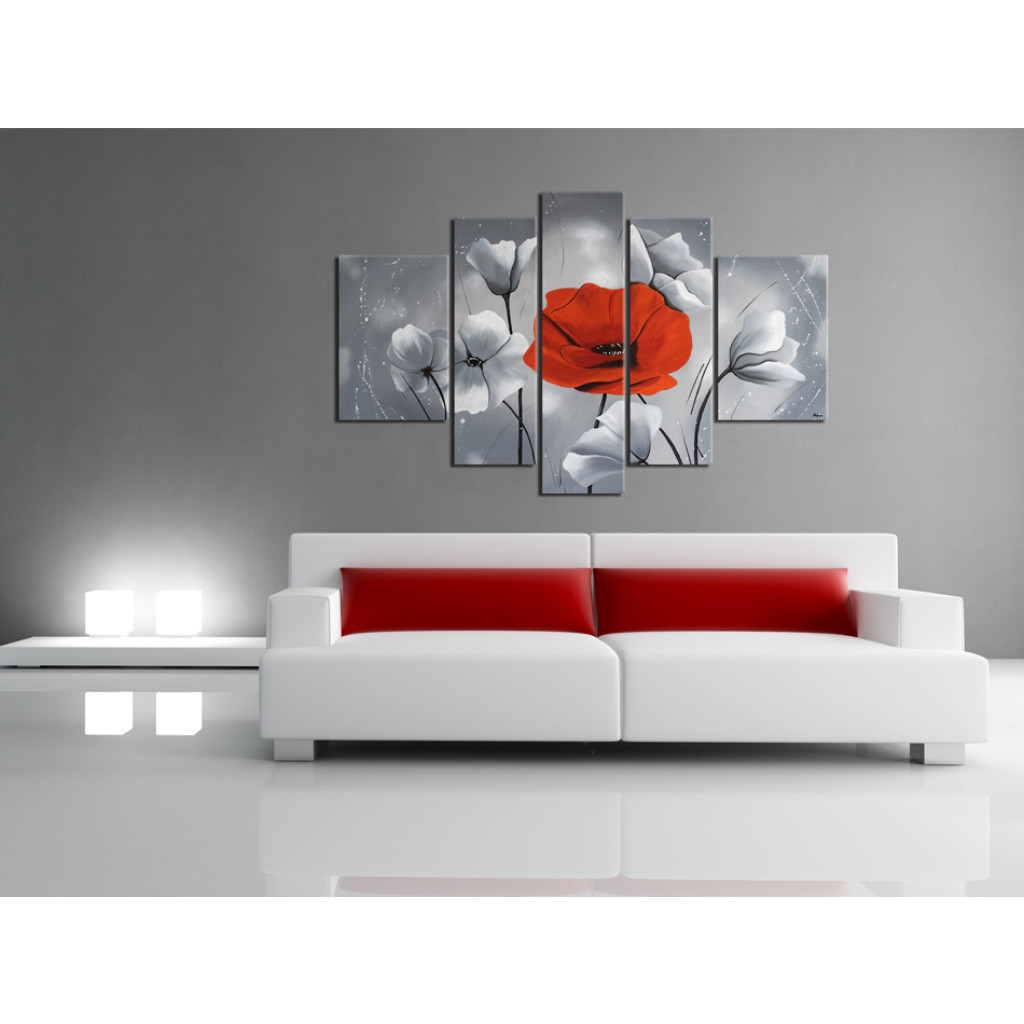 Schilderij  Klaprozen: Unieke Rode Klaproos (5-delig) - Abstractie Met Witte Bloemen