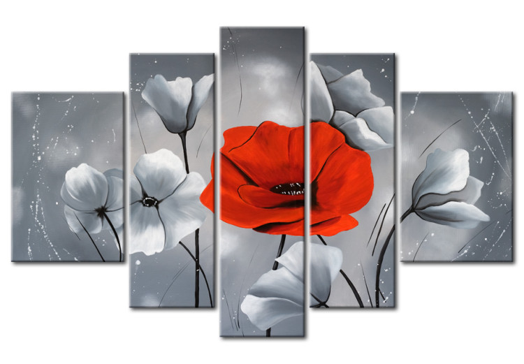 Cuadro decorativo Amapola roja única (5 piezas) - abstracto con flores blancas 47516