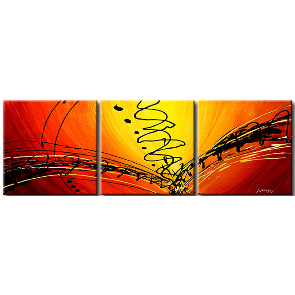 Schilderij  Abstract: Libelle (3-delig) - Zwarte Abstractie Op Een Achtergrond In Oranje Tinten
