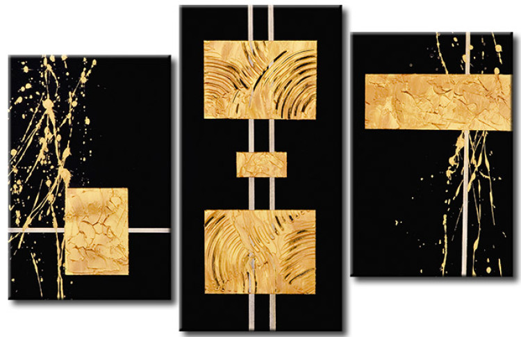 Quadro em tela Abstração (3 partes) - figuras geométricas douradas em um fundo preto 48016