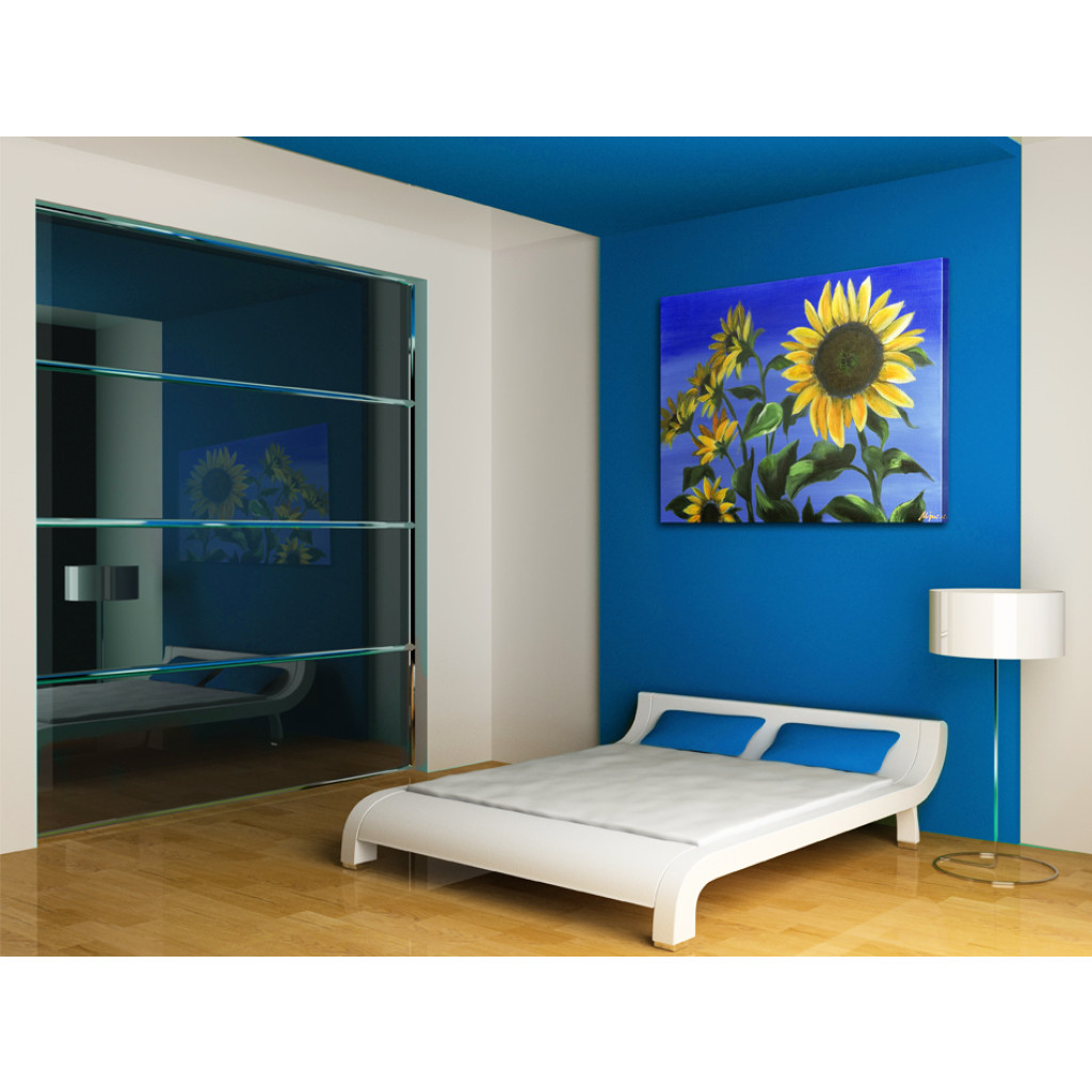 Schilderij  Zonnebloemen: Zomerse Natuur (1-delig) - Weelderige Zonnebloemen Op Een Blauwe Achtergrond