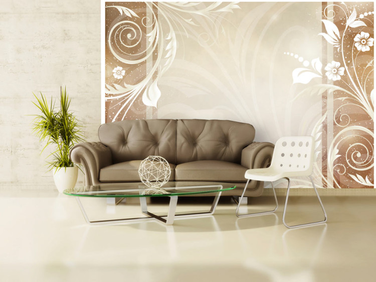 Wall Mural Subtle Abstraction - patterns of white flowers on a brown-beige background 59716