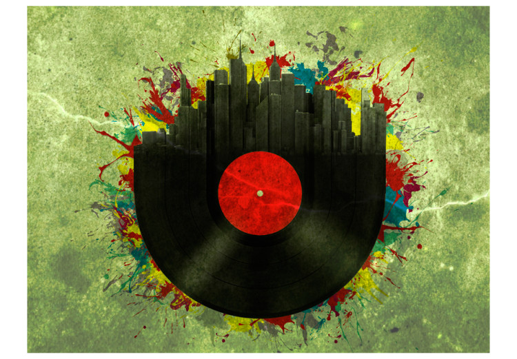 Wall Mural Sounds of the City - Vinyl record on a green background with various colors 61116 additionalImage 1