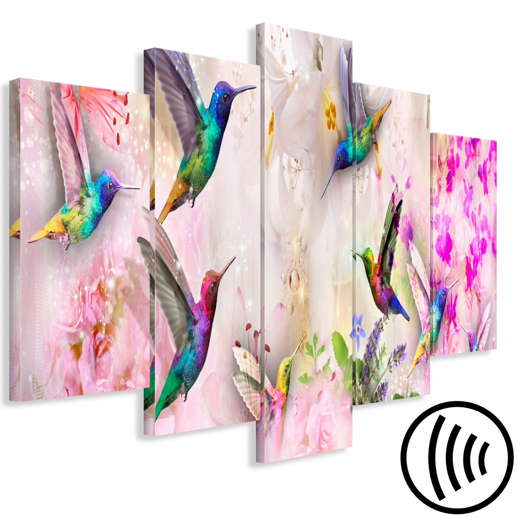 Obraz Kolorowe Kolibry (5-częściowy) Szeroki Różowy