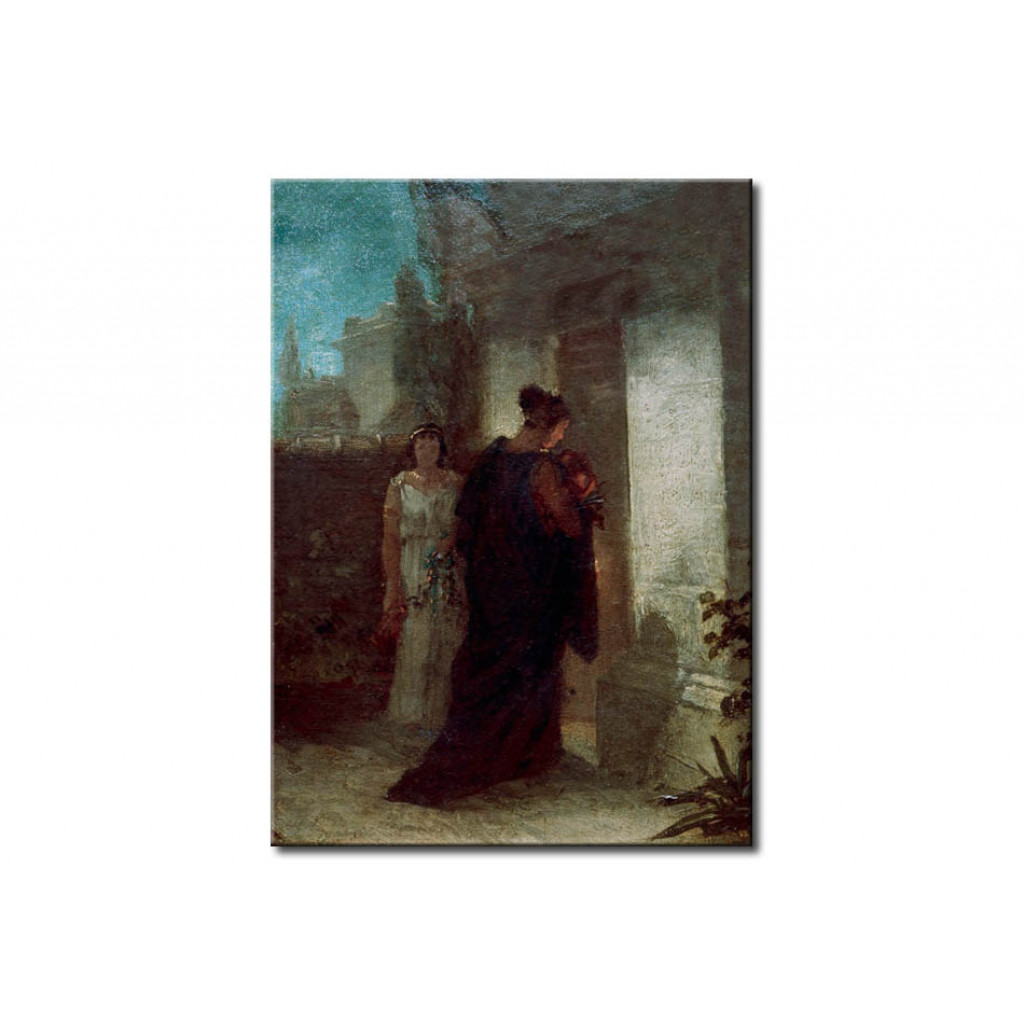 Målning Frau Im Trauergewand, Auf Ein Mausoleum Zuschreitend