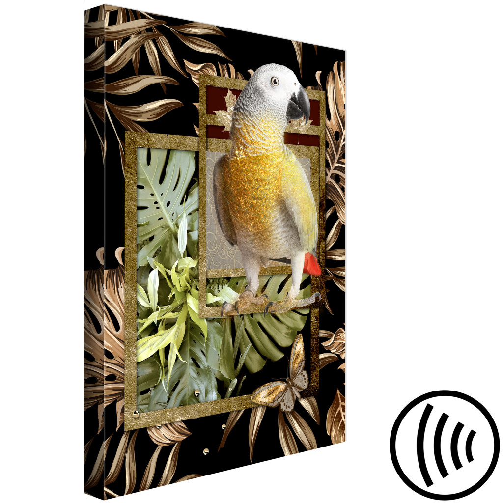 Quadro Em Tela Pássaro Do Paraíso Da Selva (1 Peça) - Papagaio Sobre Fundo De Folhas E Borboleta