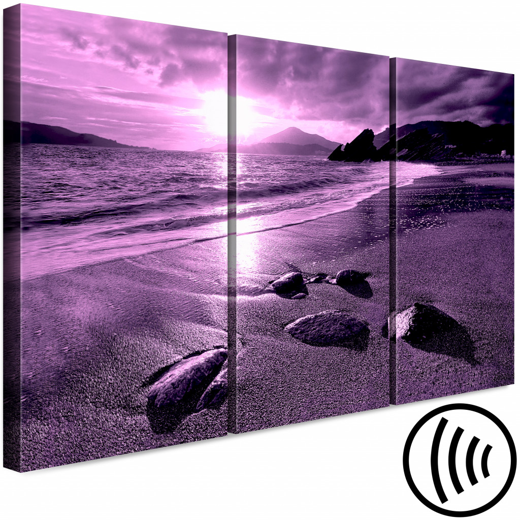 Obraz Fioletowy Zachód Słońca - Tryptyk Z Plażą, Morzem I Górami W Tle