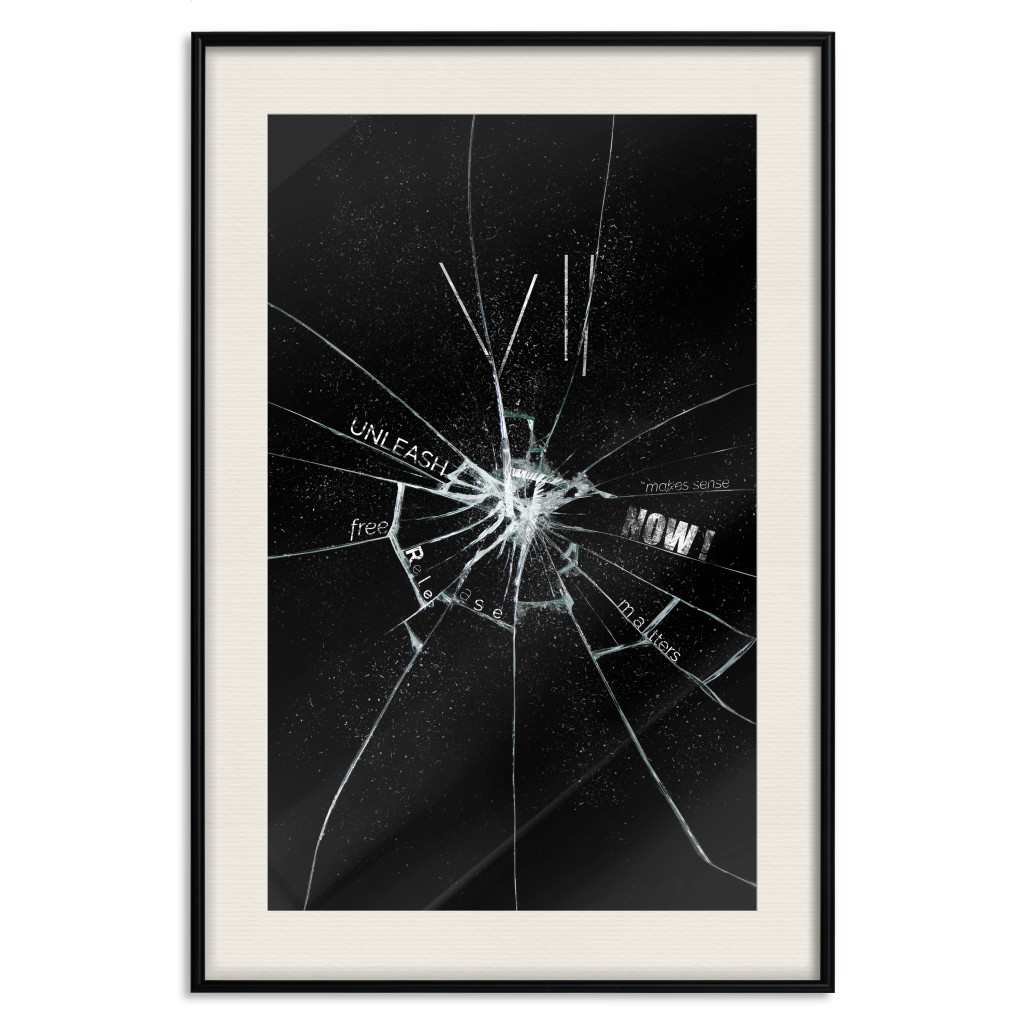 Muur Posters Broken Glass - Abstraction With Inscriptions On A Black Background