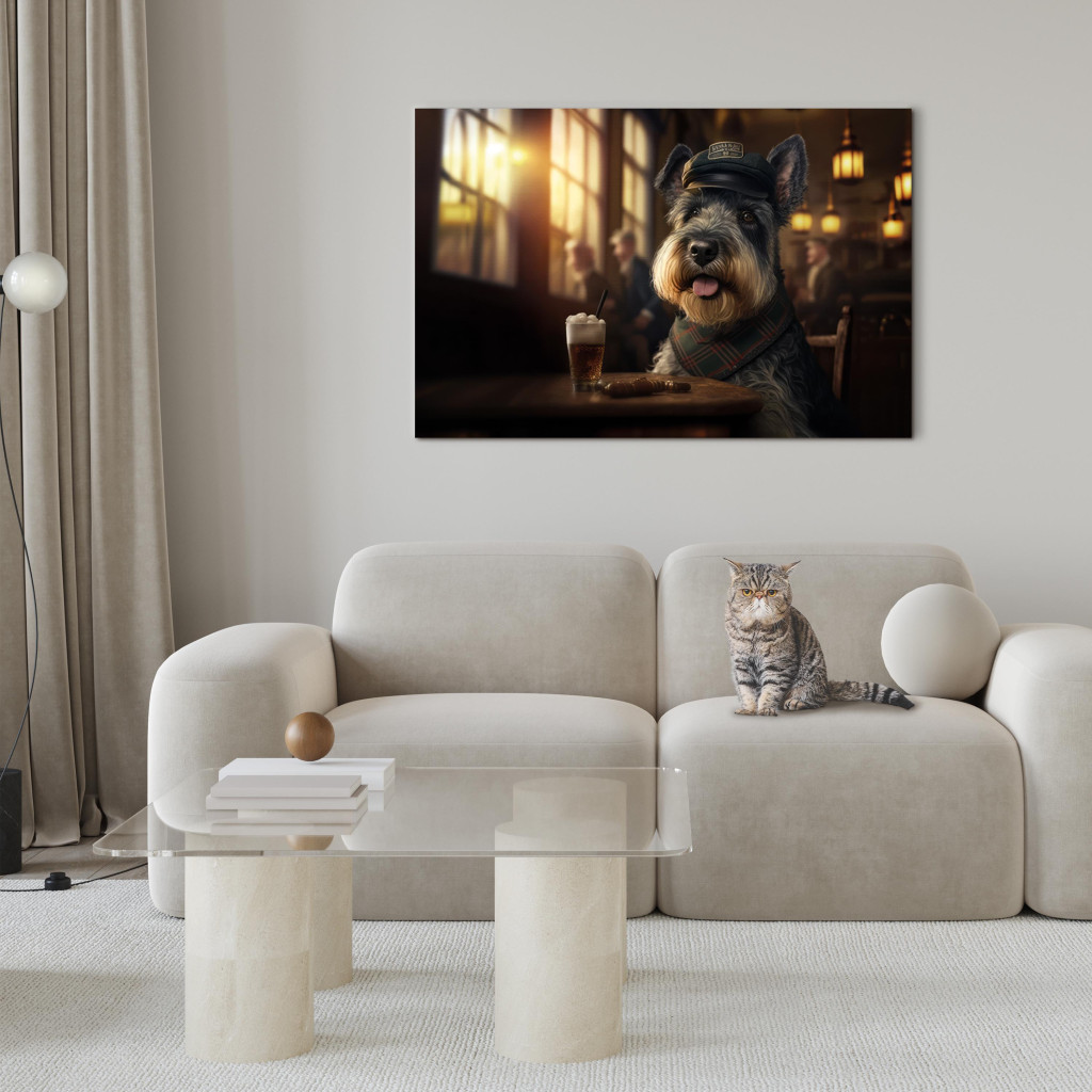 Obraz AI Pies Sznaucer Miniatura - Portret Zwierzaka W Pubie Przy Piwie - Poziomy