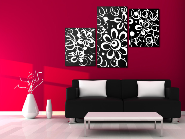 Cuadro decorativo Vegetación blanco y negro (3 piezas) - motivo floral con patrones 46826 additionalImage 2