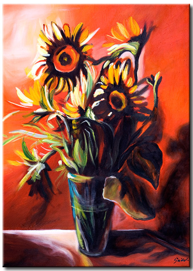 Canvas Sunflowers in a Vase (1-piece) - Flowers on a background with a shadow effect 48626