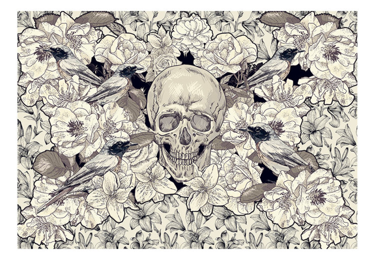 Photo Wallpaper Darkness - black and white fantasy with a skull on a white background with birds 59726 additionalImage 1