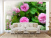 Mural Jardim de Verão - motivo de plantas com flores de rosa no centro e inscrição 60326