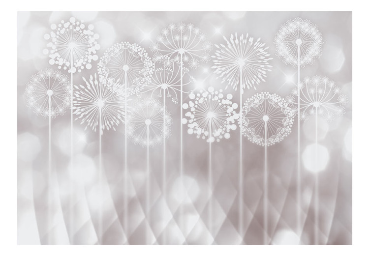 Fototapeta Promienne kwiaty - dmuchawce na srebrnym tle w geometryczne desenie 64726 additionalImage 1