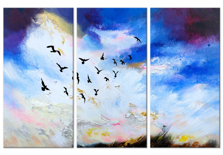 Bird flight - triptych with a sky landscape, birds and rays of the sun