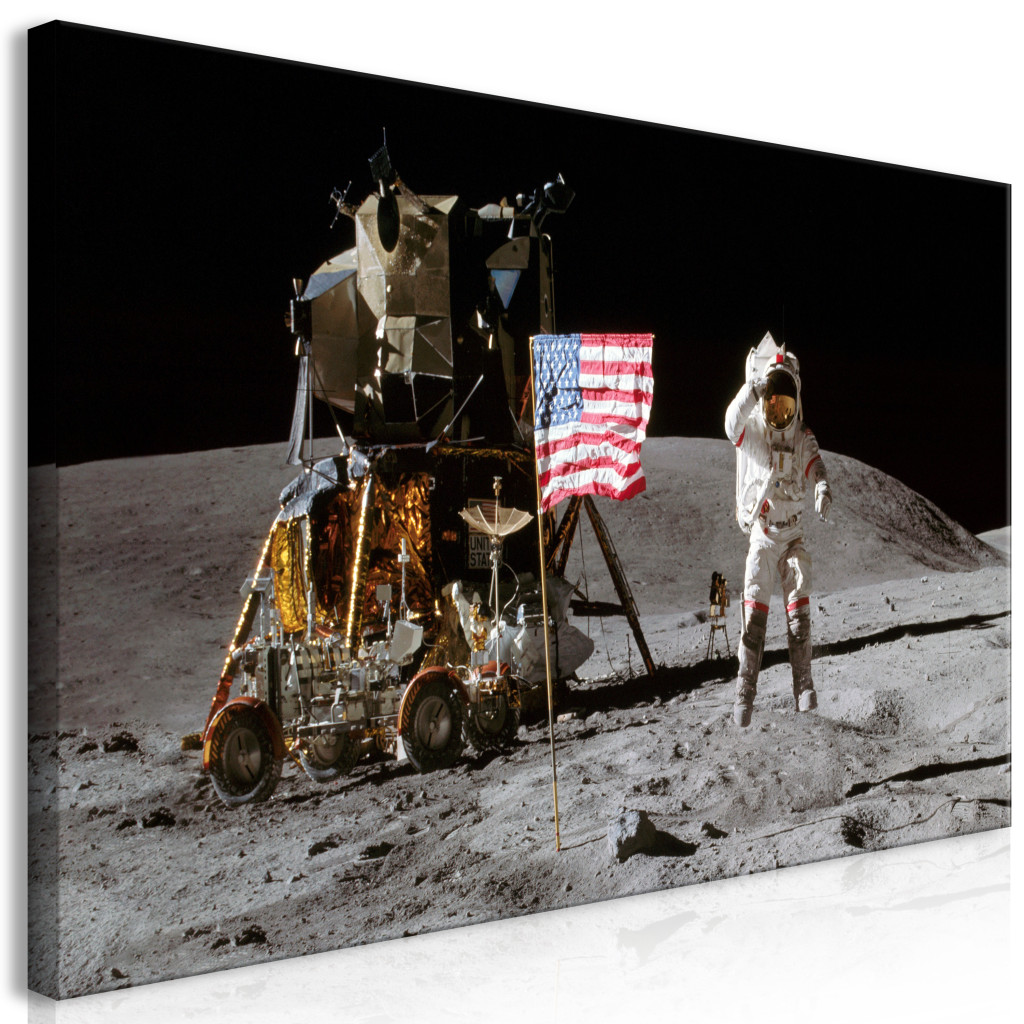 Schilderij Moon Landing - Photo Of The Flag, Ship And Astronaut In Space