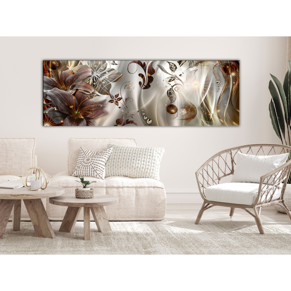 Schilderij  Florale Motieven: Abstract Composition With Lilies - Flowers With A Golden Tone And Glitter