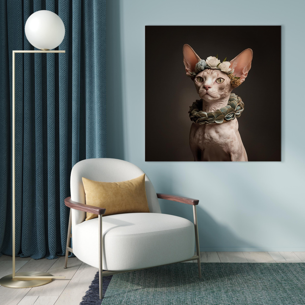 Schilderij  Katten: AI Sphinx Cat - Animal Portrait With Long Ears And Plant Jewelry - Square