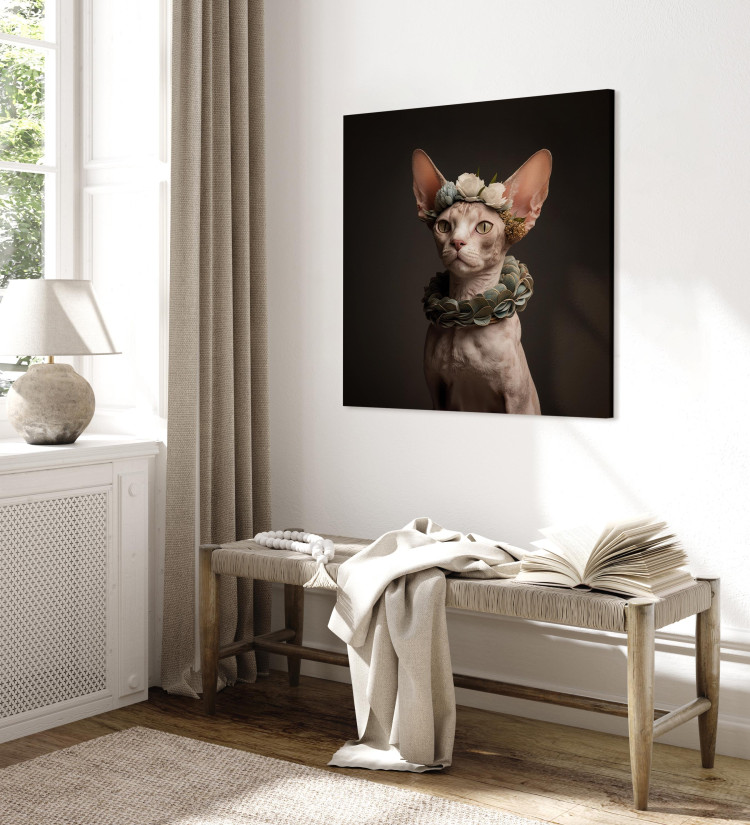 Foto su tela AI Sphinx Cat - Animal Portrait With Long Ears and Plant  Jewelry - Square - Gatti - Animali - Quadri