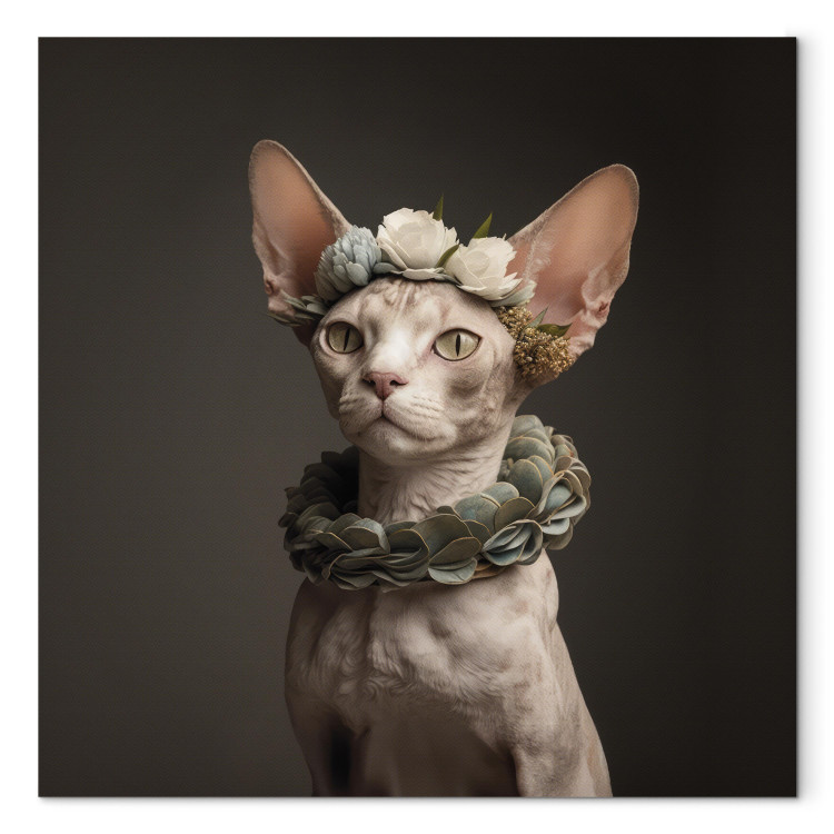 Canvas AI Sphinx Cat - Animal Portrait With Long Ears and Plant Jewelry - Square