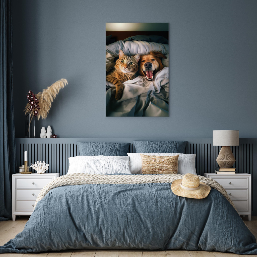 Schilderij  Dieren: AI Golden Retriever Dog And Tabby Cat - Animals Resting In Comfortable Bedding - Vertical