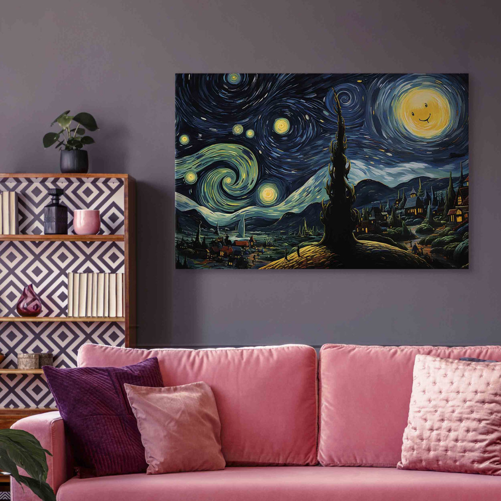 Schilderij  In Het Maanlicht: Starry Night - A Landscape In The Style Of Van Gogh With A Smiling Moon