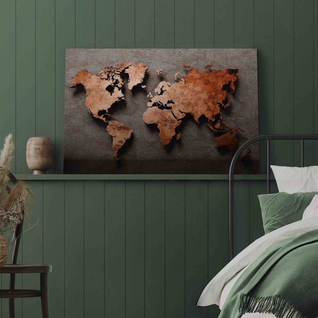 Schilderij  Kaarten Van De Wereld: Copper Map Of The World - Orange Outline Of Countries On A Gray Background