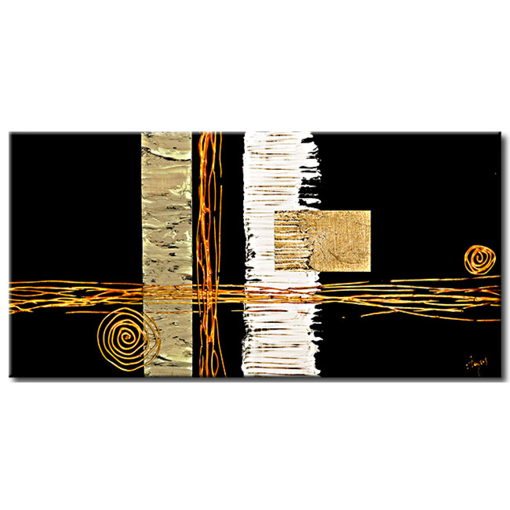 Schilderij  Abstract: Impressie (1-delig) - Abstractie Met Gouden Patroon Op Een Zwarte Achtergrond