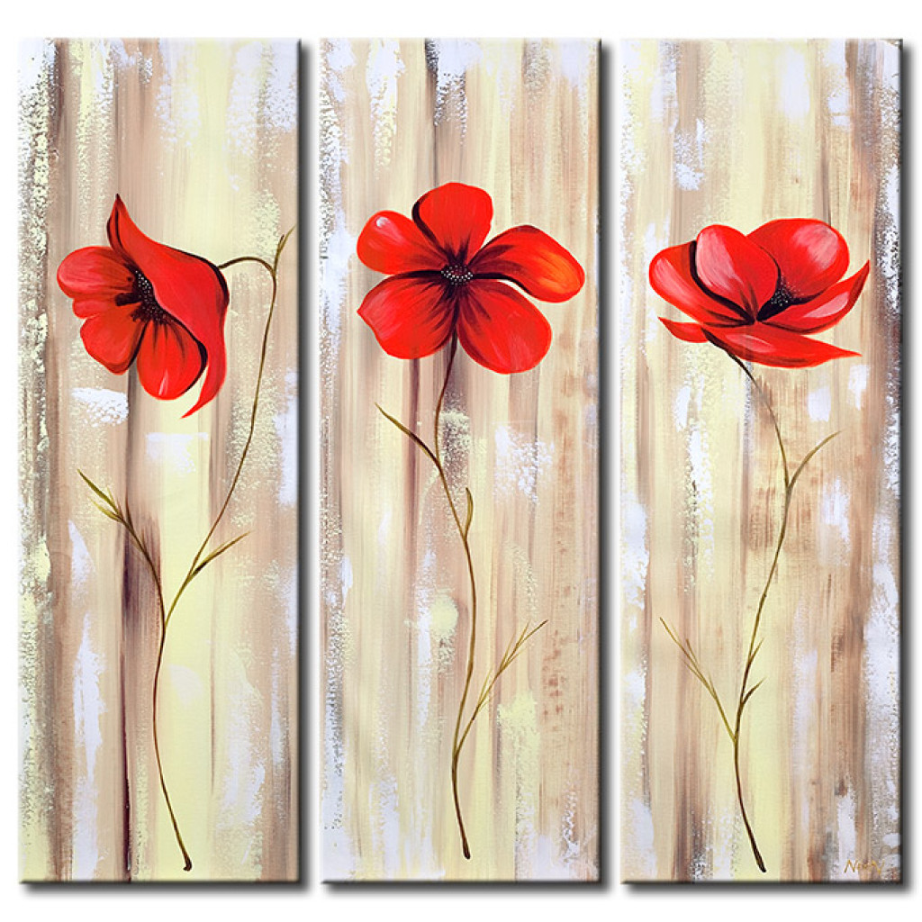 Quadro Três Papoilas (3 Peças) - Flores Em Um Fundo Perolado Com Textura De Tábuas
