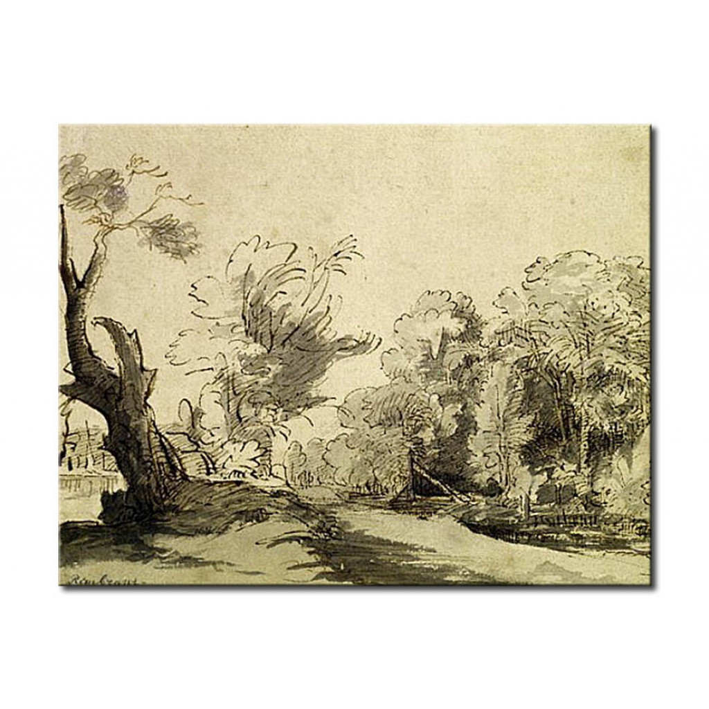 Schilderij  Rembrandt: Landscape With A Path, An Almost Dead Tree On The Left And A Footbridge Leading To A Farm On The Right