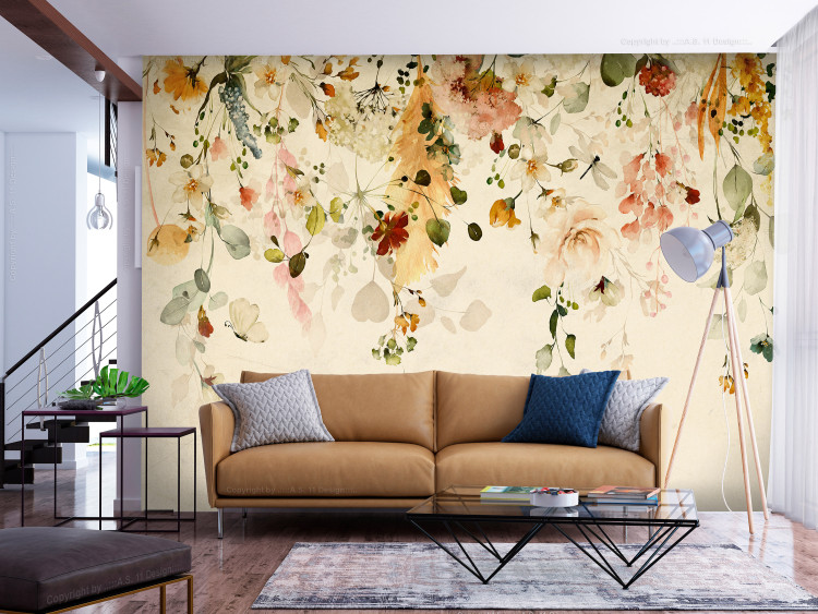 Foto Tapete Herbstblumen - Motiv von hängenden Blumen in Gelbtönen 142346