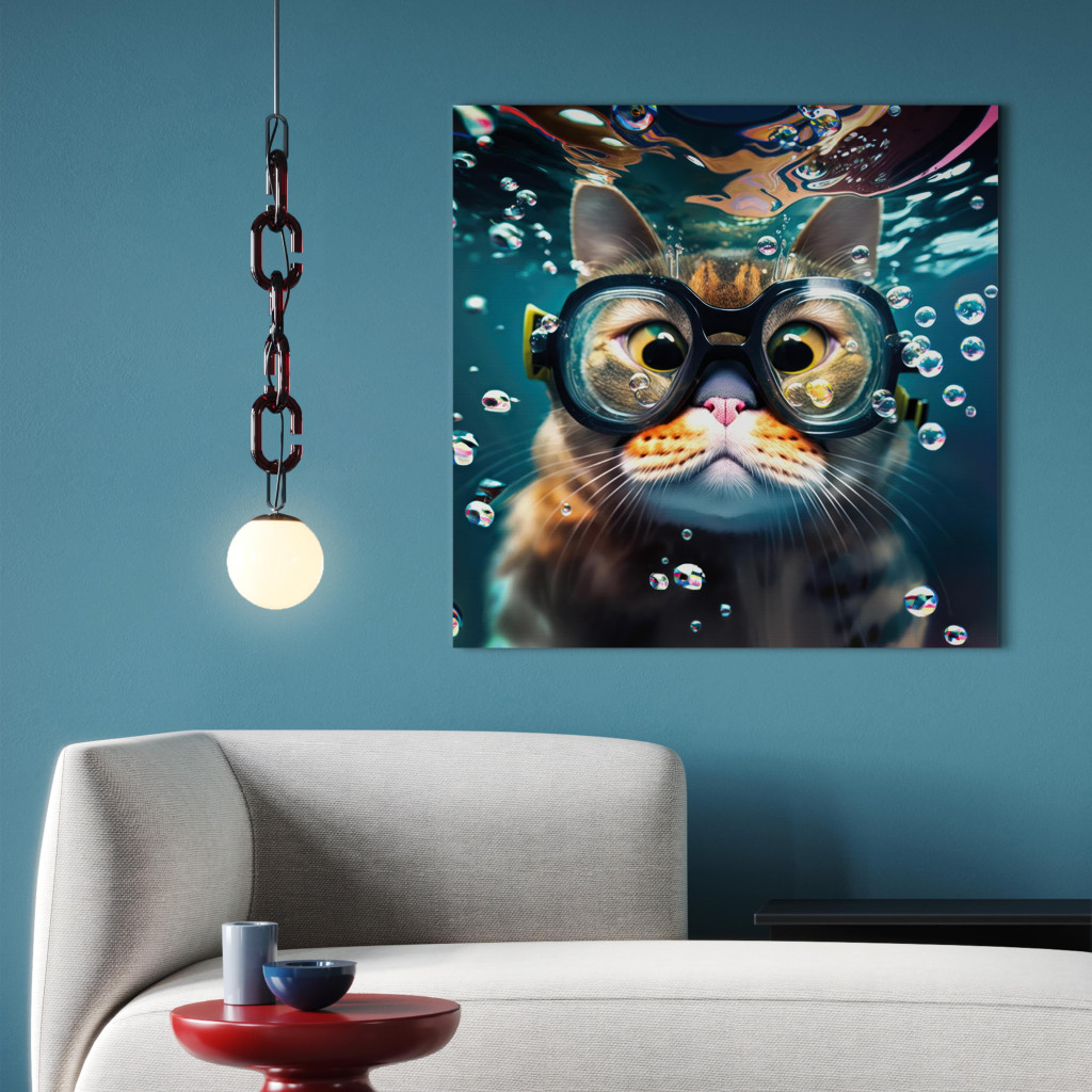 Pintura Em Tela AI Cat - Diving Animal In Goggles Among Bubbles - Square