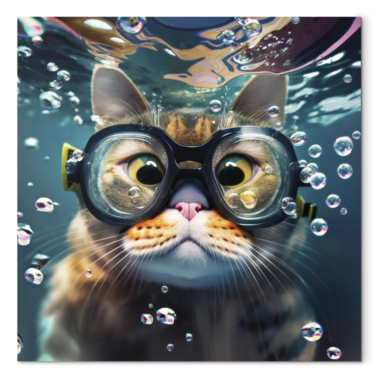 Canvastavla AI Cat - Diving Animal in Goggles Among Bubbles - Square