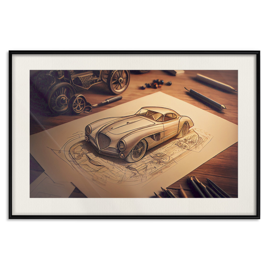 Muur Posters Car Sketch - A Drawing Of A Retro Car Generated By AI