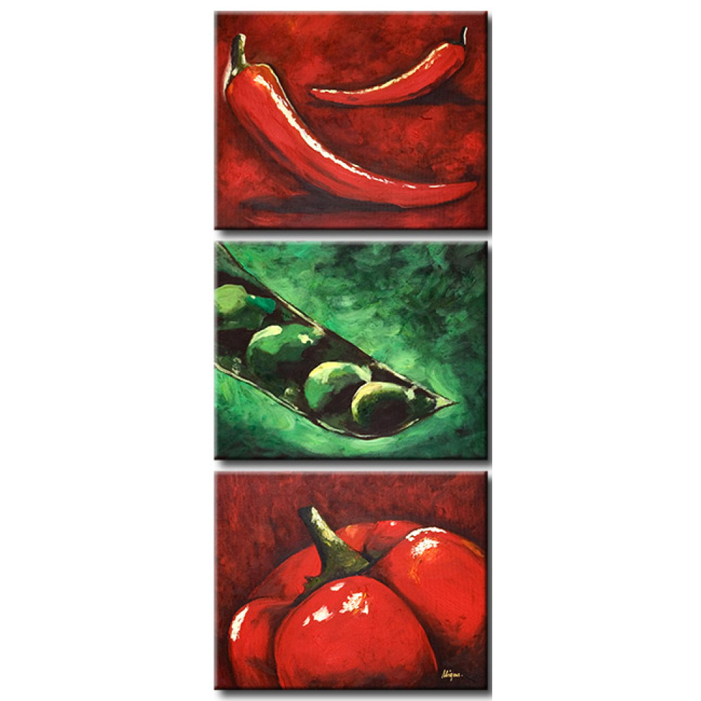 Canvastavla Målade Grönsaker (3-del) - Gröna ärtor Och Röd Paprika