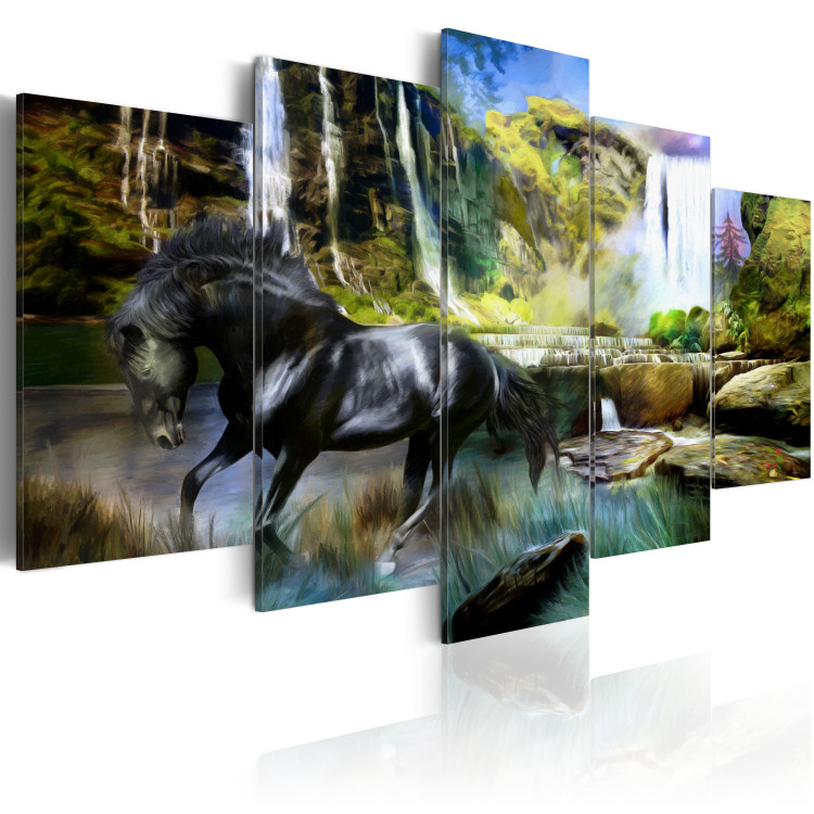 Wandbild Schwares Pferd vor paradisischem Wasserfall 55646 additionalImage 2
