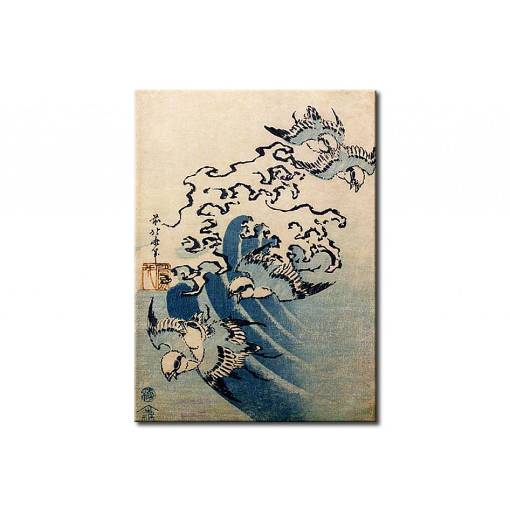 Schilderij  Hokusai Katsushika: Waves And Birds