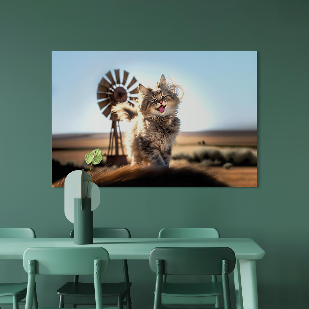 Pintura Em Tela AI Maine Coon Cat - Smiling Fluffy Animal In Don Quixote Style - Horizontal