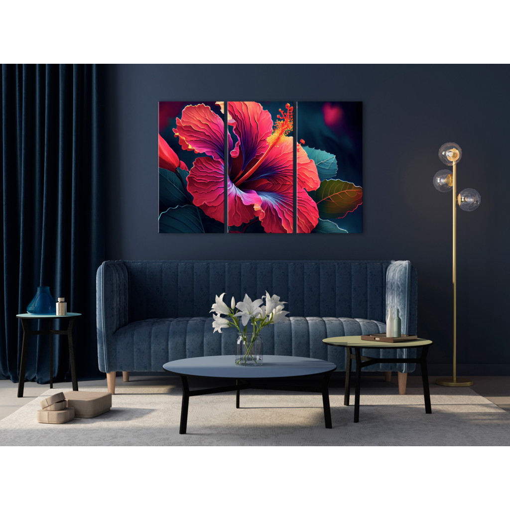 Schilderij  Bloemen: Lovely Flower - Original Multicolored Hibiscus Flower With Leaves