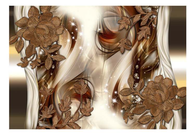 Mural Abstração - motivo de rosas douradas em um fundo de ondas fantasiosas cheias de brilho 88456 additionalImage 1